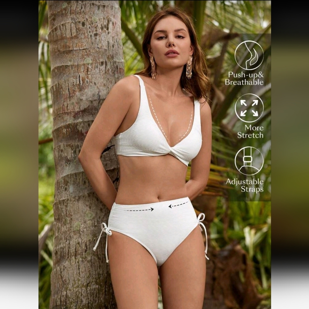 Textured Twist Front Adjustable Sides 2 Piece Bikini Set, XL (12), White